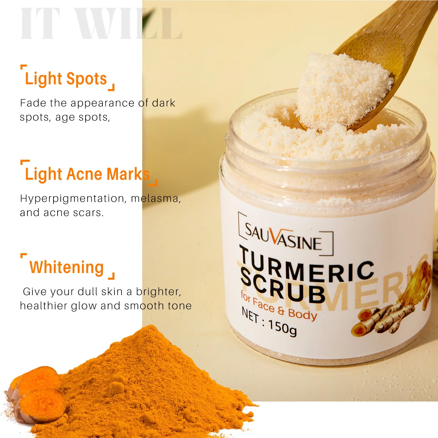 Exfoliating Body Scrub with Turmeric for Oil Control Blackhead Remover Pore Minimizer and Skin Whitening - 150g Cleans Acne