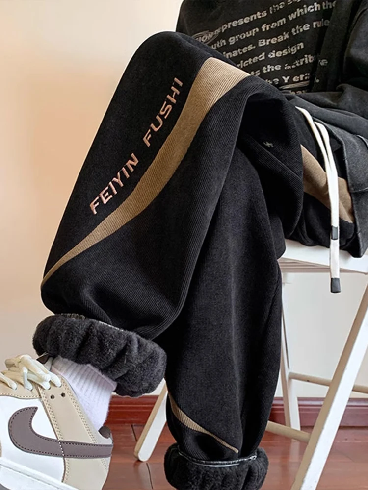 

American Sle Fce Lined Tapered Men's Winter Thiened Lamb Fur Casual Corduroy Sports Pants Trendy Brand Loose Fit Sweat...