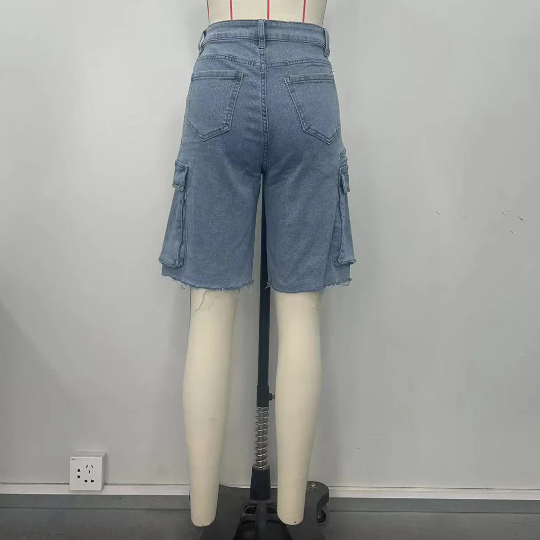 New Jeans Pants for Woman High Waisted Straight Pocket Knee Length 2025 Summer New High Elastic Ladies High Street Wear Shorts