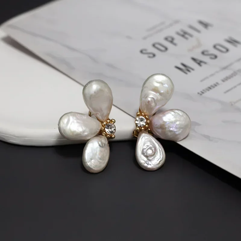 Natural Baroque Pearl Stud Earrings Handmade Irregular Tripetalous Flower Petal Earrings for Women Elegant Wedding Jewelry Gift