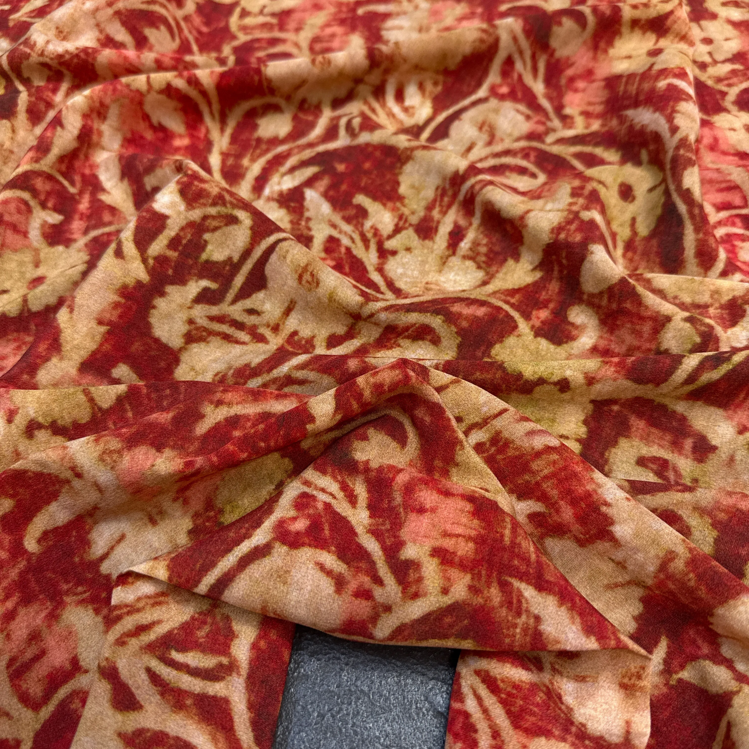 Dark Red Printed Stretch Silk Crepe de Chine Fabric for DIY Sewing Summer Soft Comfortable Dress Pajamas Silk Fabric FR7020