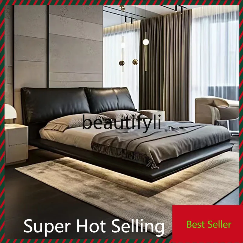 A71 Italian leather master bedroom double bed high-end customization modern simple soft bag bed light luxury suspended bed