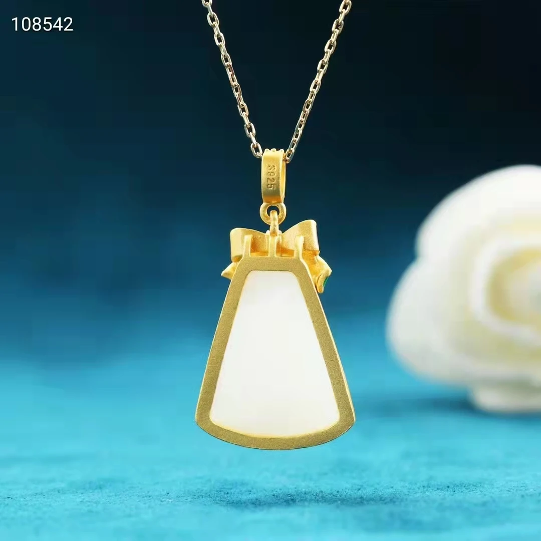 Super Golden 925 Silver Inlaid Hetian White Jade Sector Pendant Lucky Amulet Bring Wealth Churinga Hanging With S925 Necklace