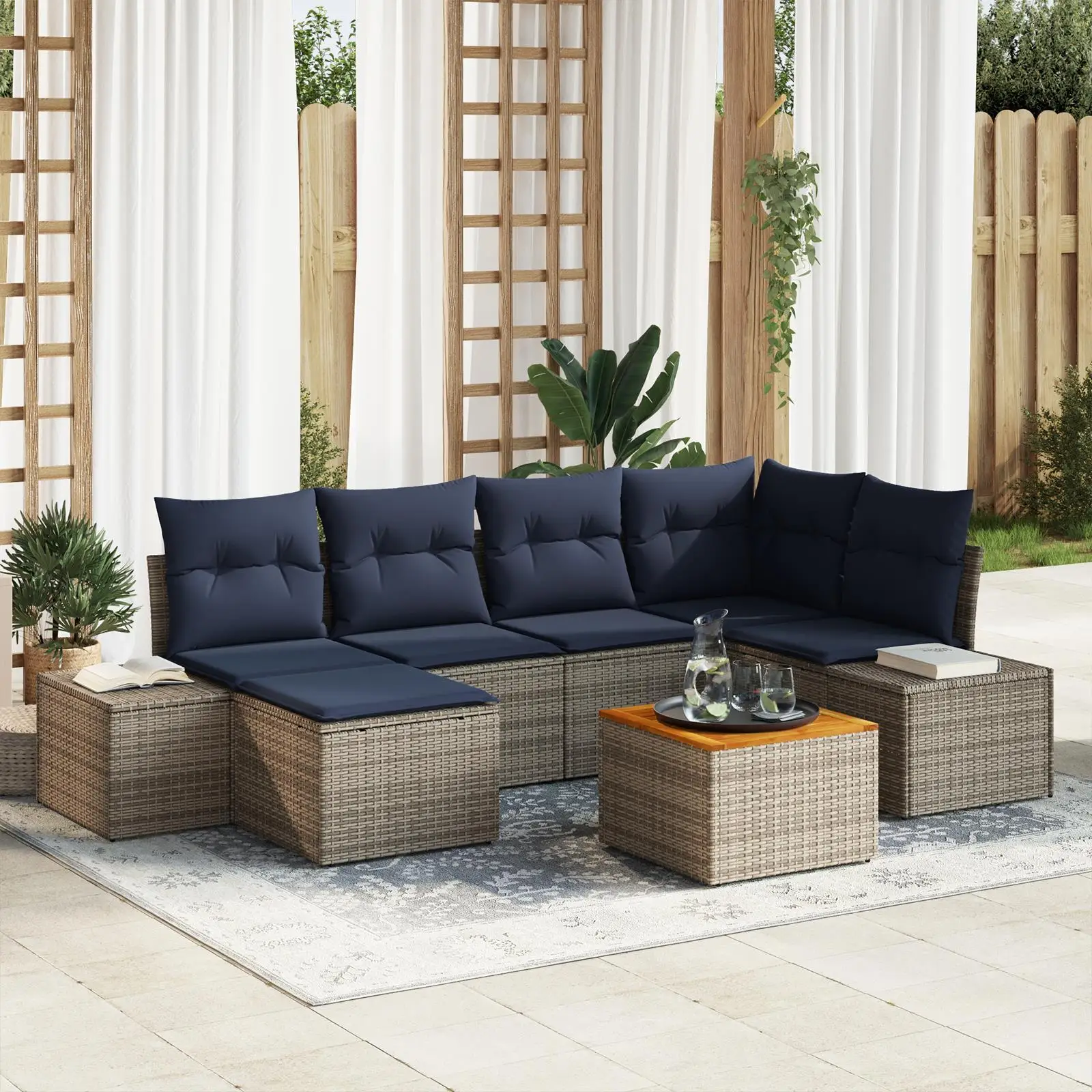 

7 Piece Outdoor Garden Sofa Set with Cushions Grey Poly Rattan and Acacia Wood