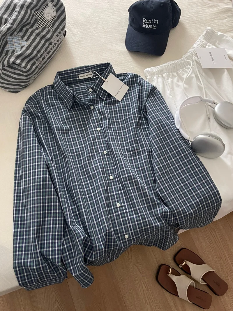 

Retro Blue Green Plaid Loose Casual Cotton Sun Protection Shirt Breathable Comfortable Women's Summer Long Sleeve Shirt
