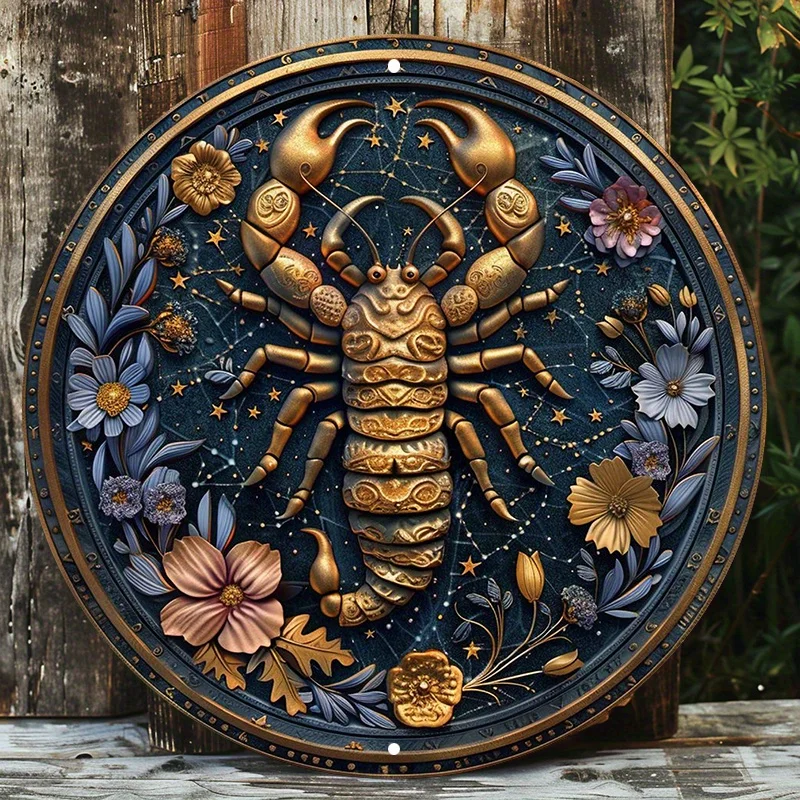 

Zodiac Sign Round Aluminum Wall Art, Zodiac Sign, Outdoor & Indoor Decor with Stars and Flowers Design, Zodiac Cancer Wall Decor