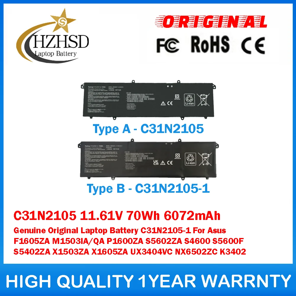 

C31N2105 11.61V 70Wh 6072mAh Genuine Original Laptop Battery C31N2105-1 For Asus F1605ZA M1503IA/QA P1600ZA S5602ZA S4600 S5600F