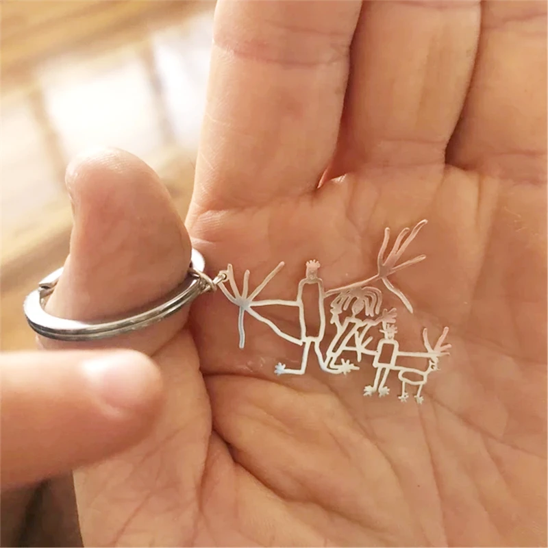 Custom Kids Drawing Keychain Stainless Stee Personalized Children Artwork Pendant Keyring for Kids Mom Family Jewelry Gifts