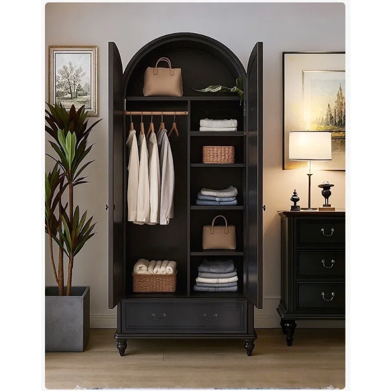 American classical black pure solid wood two-door arched wardrobe 1 meter wide household bedroom large capacity wardrobe storage