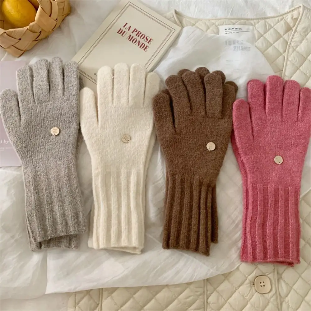 Keep Warm Wool Knitting Gloves Touch Screen Windproof Riding Gloves Thickened Solid Color Full Finger Mittens Autumn and Winter