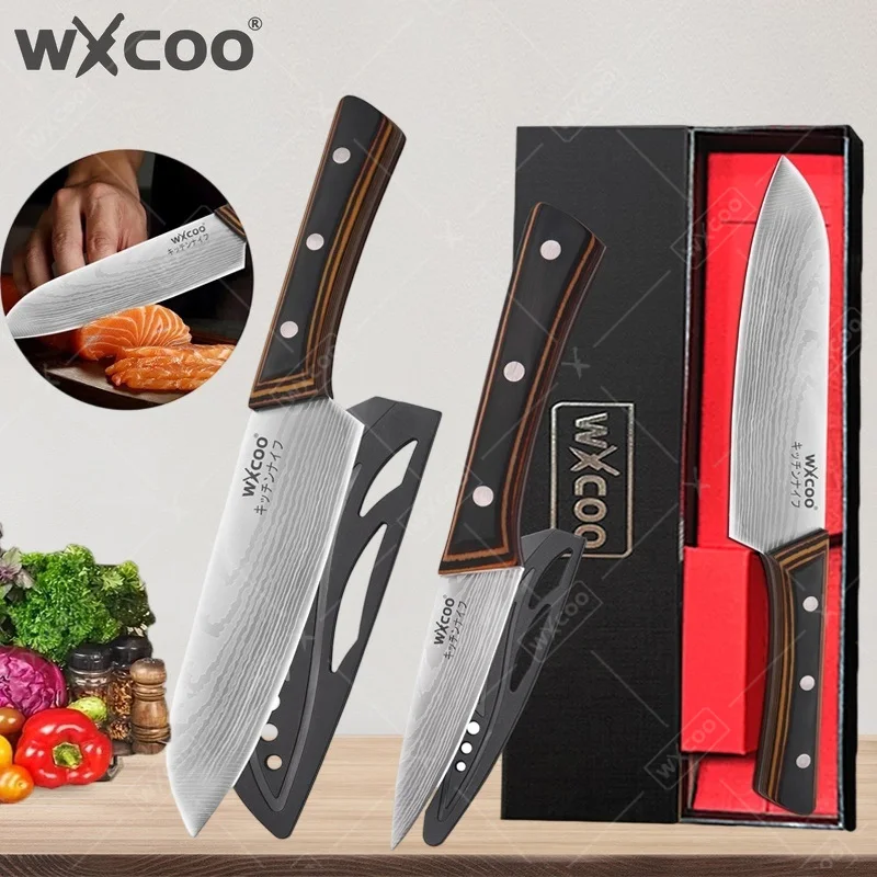 WXCOO Japanese Knife Stainless Steel Santoku Knives with Gift Box Kitchen Fruit Paring Kitchen Chef Knife Ergonomic Wood Handle