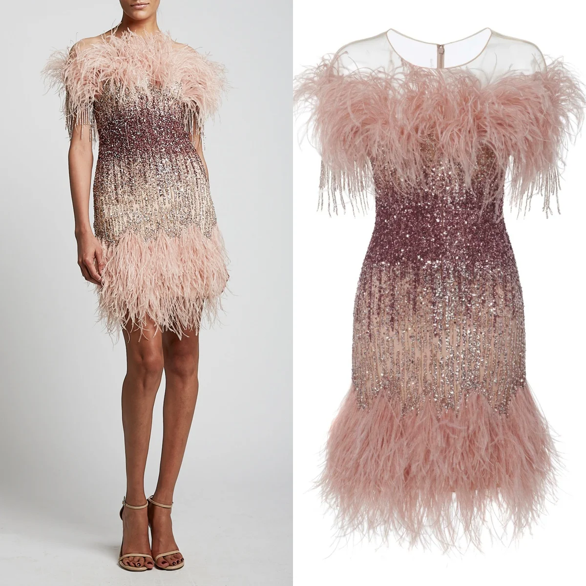 

Marchesa Short Sleeves Pink Beaded Feathers Short Length فساتين السهرة vestidos de fiesta فساتين سهره evening dresses