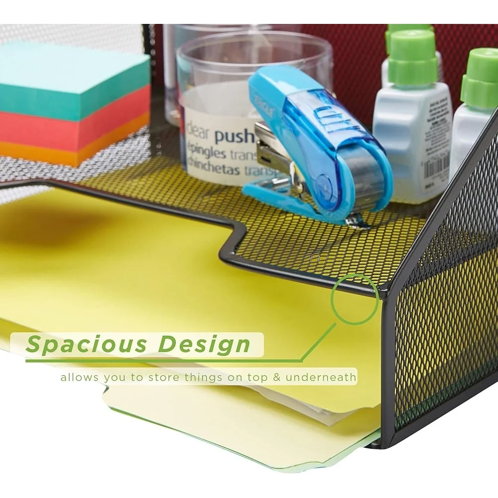3 Section Mesh Desk Organizer File Tray Papers Folders Stationery Accessories Sturdy Metal Design Office Storage Solution