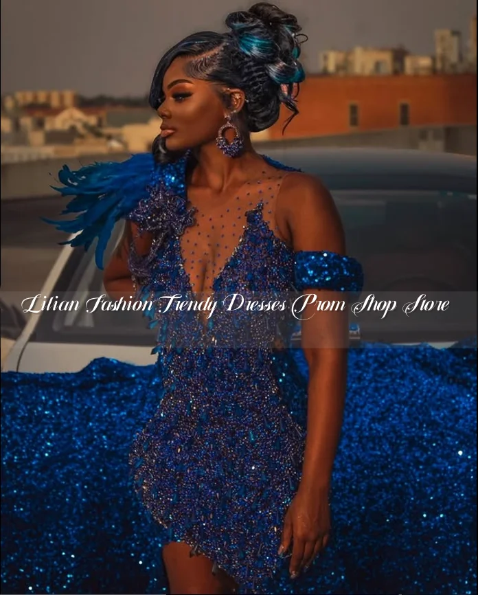 Tesoro azul Diamante largo sirena vestido de fiesta hombro apliques de plumas con cuentas Sexy Split fiesta africana vestidos de celebridades personalizados