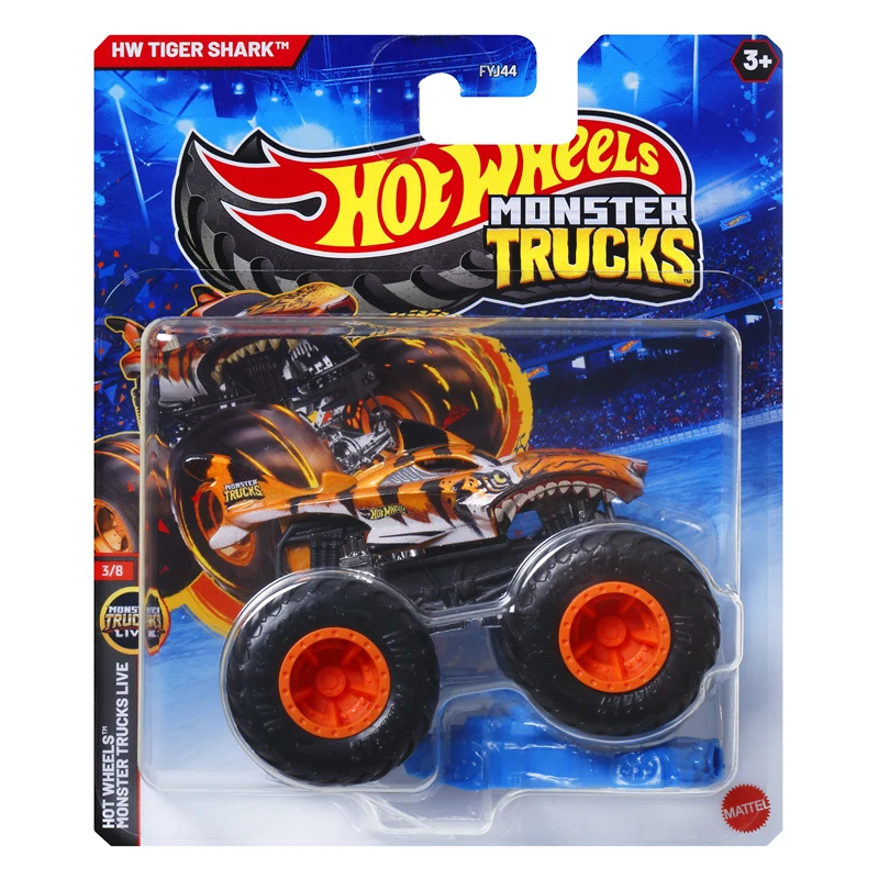 2025 rodas quentes monster trucks hw tigre tubarão bigfoot papoula 1/64 escala modelo de carro fundido brinquedo para meninos presente fyj44