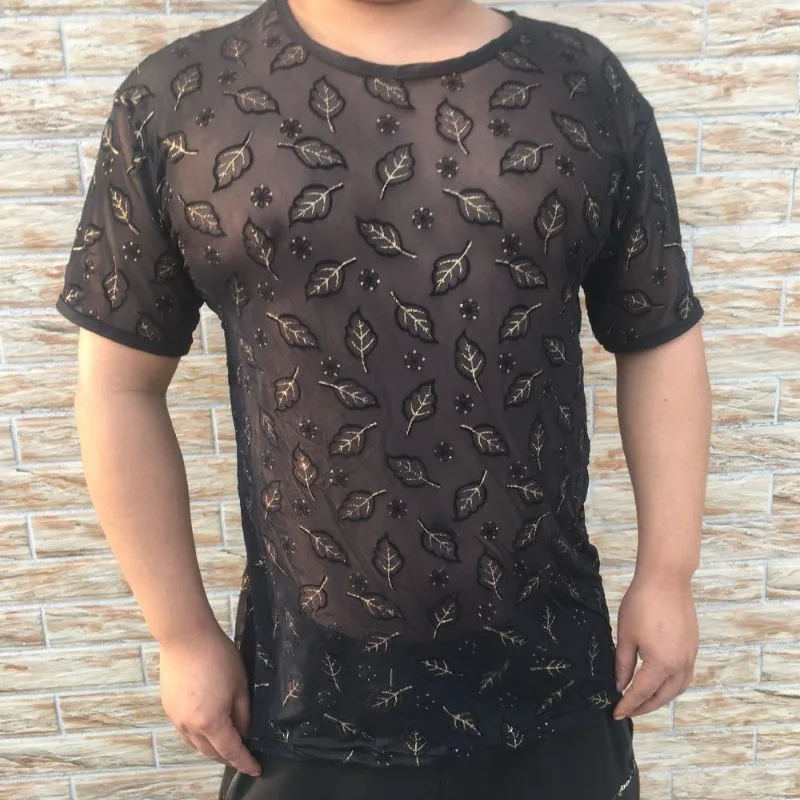 2024 Summer New Ice Silk Men's Sexy Perspective Spliced T-shirt O-Neck Printed Hollow Comfortable Fashion Short Sleeved Tops