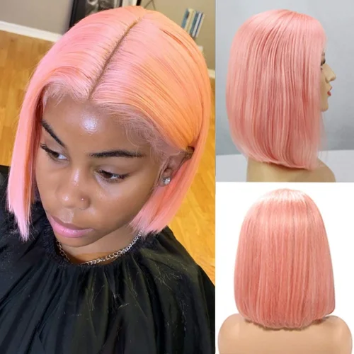 Imagen 2 del producto Resaltar pelucas de Bob corto liso de color rosa cabello humano prearrancado 13x4 peluca Frontal de encaje transparente rosa roja Bob para mujeres
