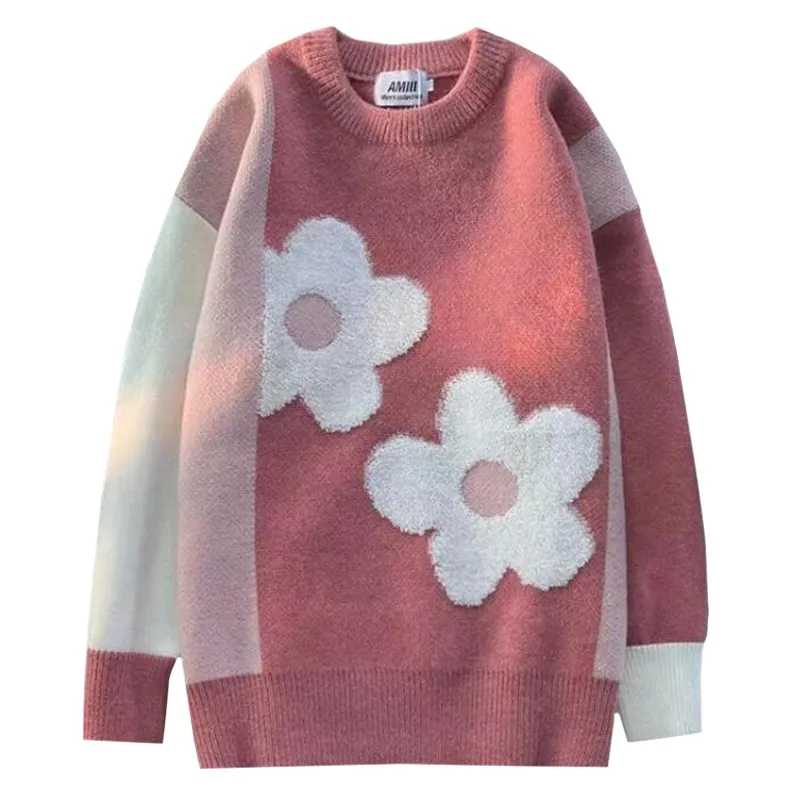 Pink Sweater Woman's Korean Wear Lazy Pullover Autumn Winter Sweet Harajuku Towel Embroidered Flowers Thick Female Knitwear