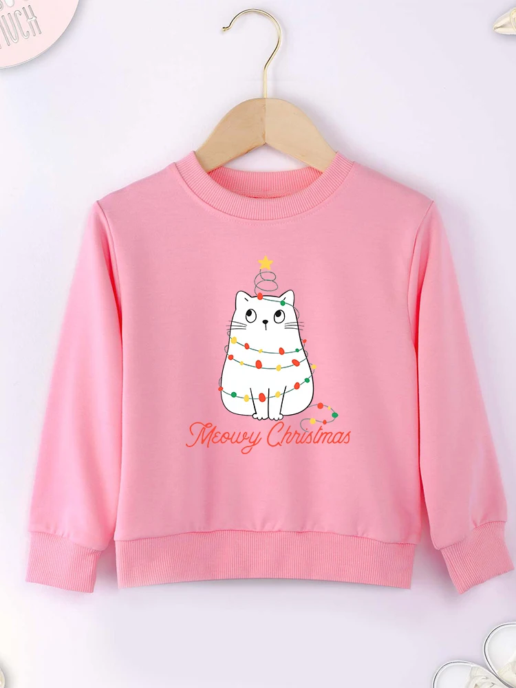 Cute Cat Merry Christmas Sweatshirt Red Kawaii Cartoon Harajuku Fashion Children\'s Clothing Xmas Gift High Quality Kids Hoodie