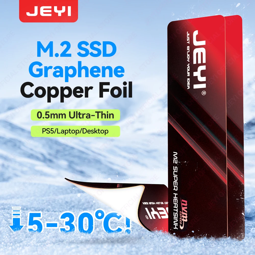 JEYI M.2 2280 SSD Graphene Copper Heatsink(1/2/5pc)-Ultra Thin 0.5mm High Thermal Conductivity Cooling Pad for NVMe/SATA SSD