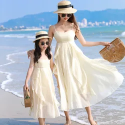 Resorts Look Mother and Daughter Sling Dress Vacation Mom Baby Girls Beige Beach Dresses Holiday Mommy and Me Matching Clothing