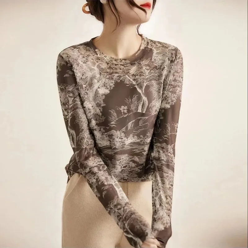 

Slim Round Neck Double Layer Mesh New Printed Top Fashionable Temperament T-shirt Foreign Style Bottoming Shirt for Women