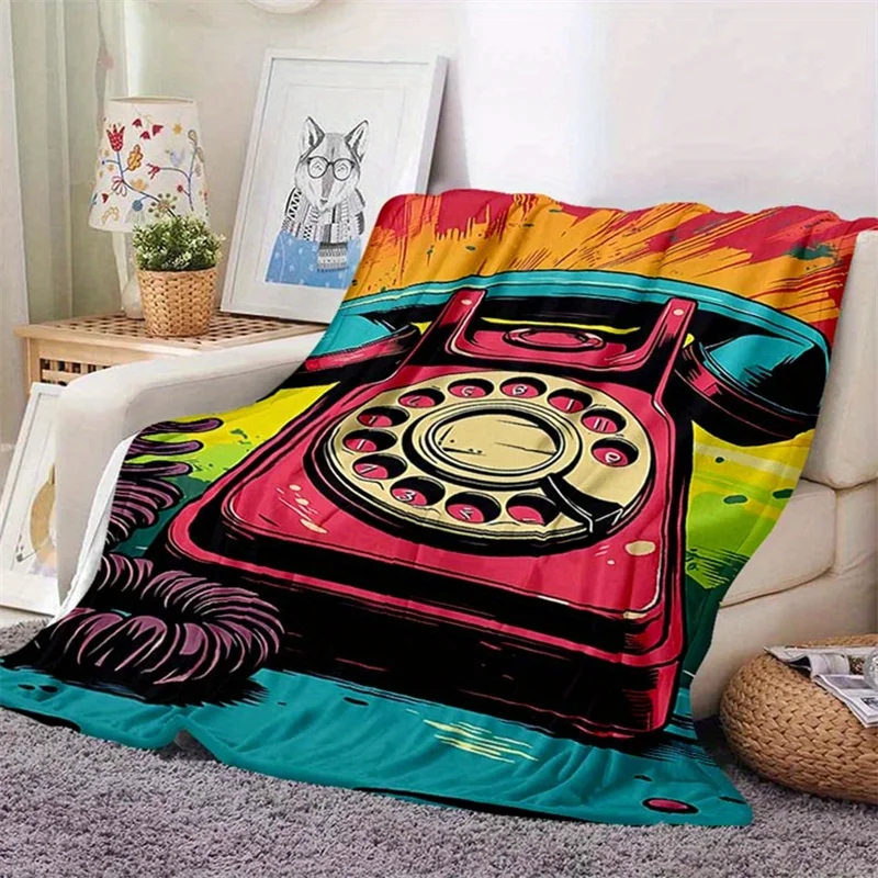 Vintage Retro Old‑Fashioned Telephone Flannel Blanket Bright Pop‑Art Comic Style Pattern Soft Cozy Warm Throw for Bedroom Couch