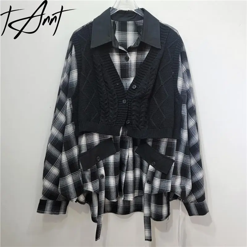 GetSpring Women Shirt 2024 Autumn Winter Knitted Stitched Plaid Ladies Blouse Fashion All Match Loose Fake Two Long Female Tops