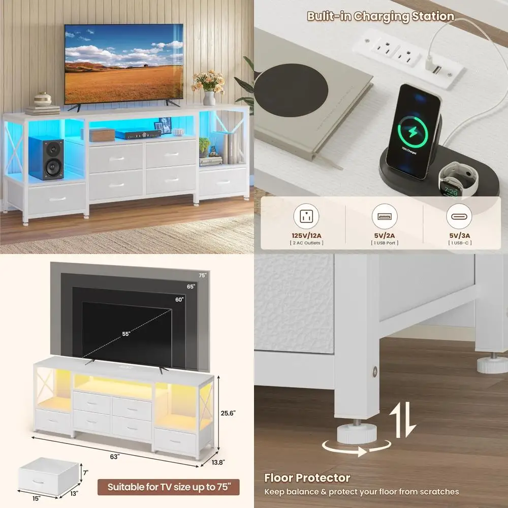 مركز ترفيه بحامل تلفزيون مقاس 75 بوصة مزود بمصابيح LED ومنافذ طاقة، وطاولة وحدة تحكم 63 على الطراز الصناعي مع 6 أدراج من البولي يوريثان #1