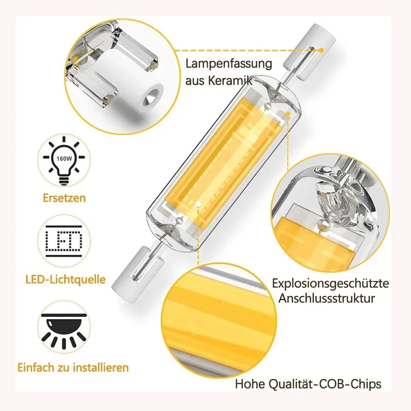 Tubo de vidro COB de alta potência R7S, lâmpada LED, substitua a luz halógena, AC 110V 220V, 78mm 118mm, J78 J118