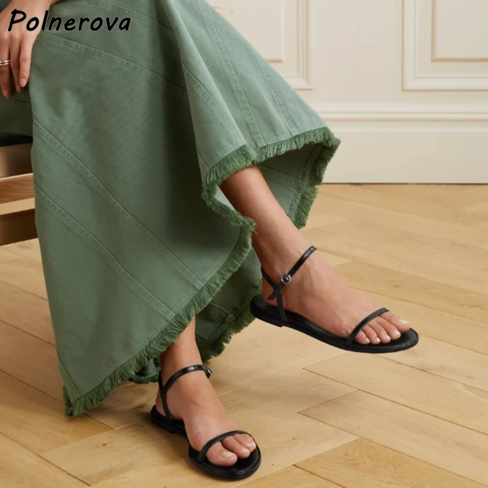 

Однотонные сандалии с прямым ремешком и ремешком на щиколотке, однотонные черные летние туфли на плоской подошве с круглым носком, женские модные сандалии