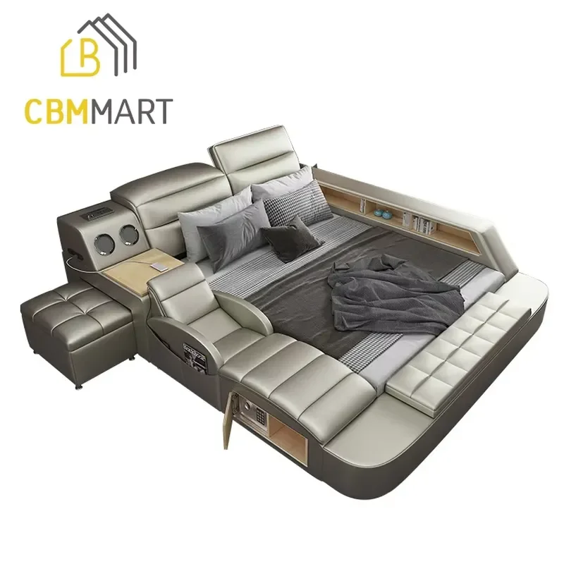 CE Certificate Modern Leather Bed with Storage Box Function Bedroom Furniture Set Multimedia Speaker USB Charger King Size