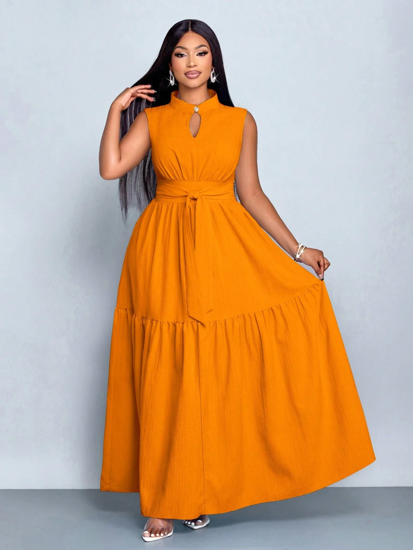 

Elegant Sleeveless Stand Collar Cut Out Cinched Waist Tiered Maxi Dress Women Summer Casual Formal