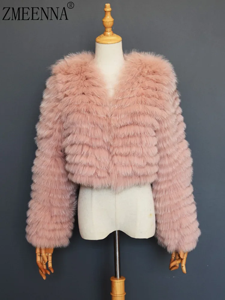 

ZMEENNA Womens Pink Faux Fur Crop Jacket Fluffy Shaggy Short Coat Long Sleeve V Neck Winter Warm Fashion Outerwear ZM4575