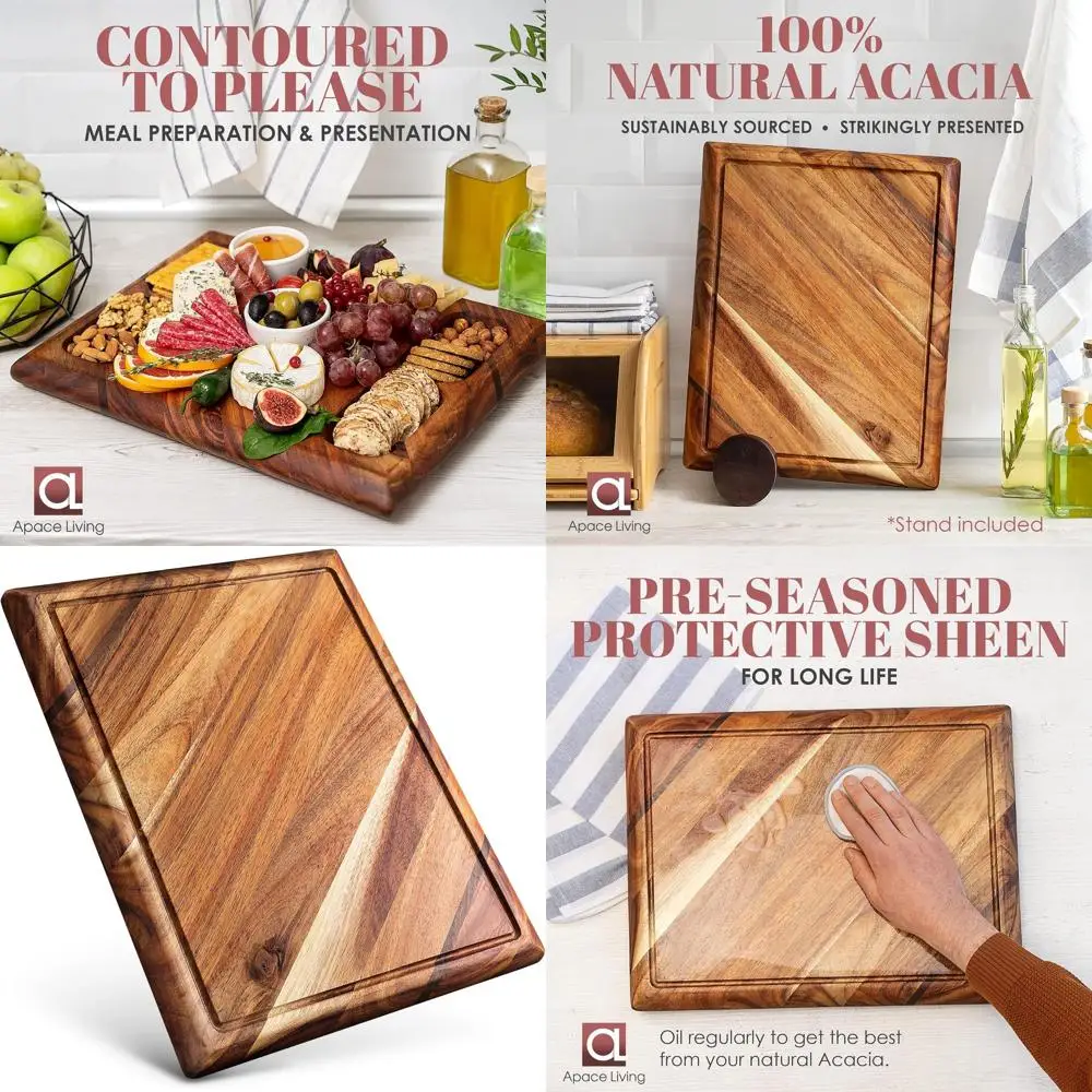 

Large Acacia Wood Chopping Board with Stand, Sustainable, 17x13x1.5, Juice Groove, 4-Compartment Serving Option