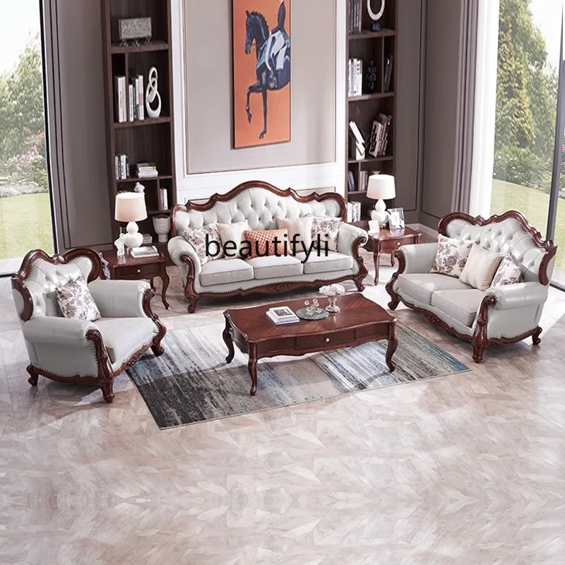 

American solid wood leather sofa simple living room sofa combination European light luxury first layer cowhide buckle