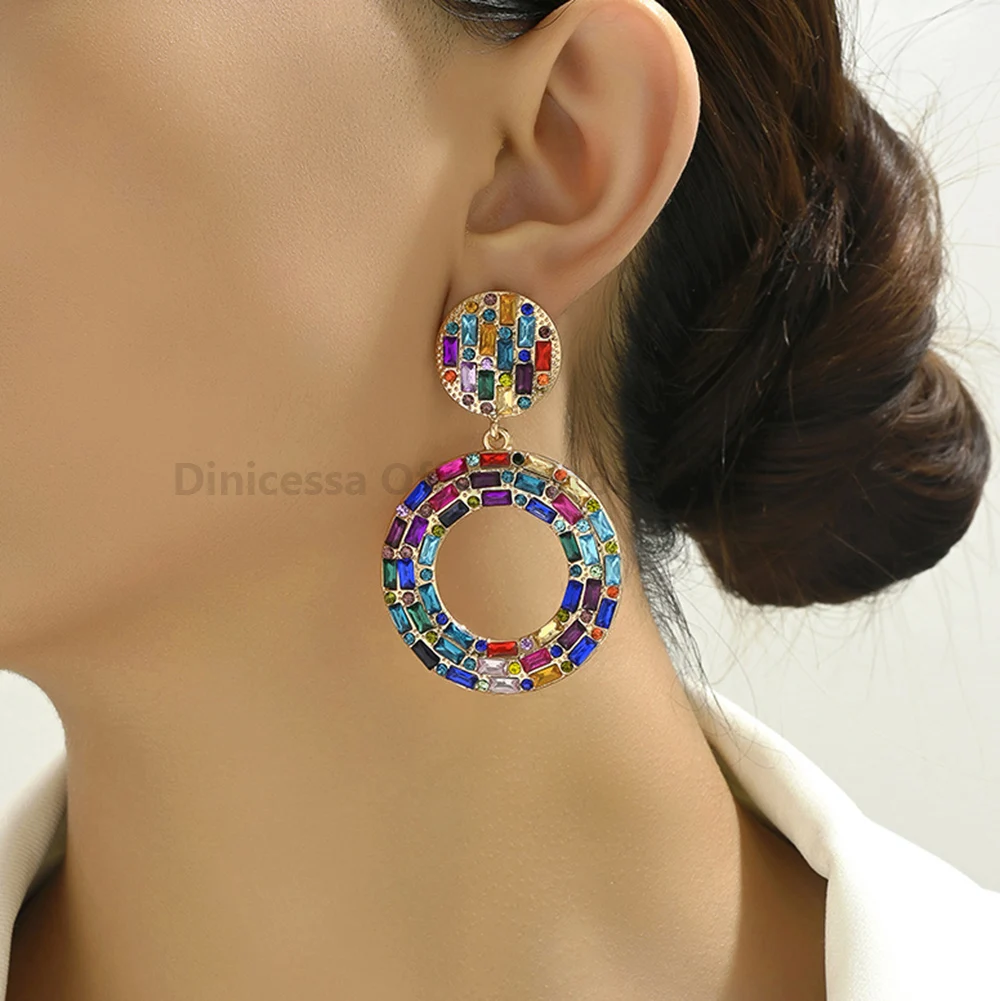 Round Teardrop Charm Multicolor Rhinestone Particular Decor Dangle Drop Earrings For Women Luxury Quality Wedding Party Jewelry