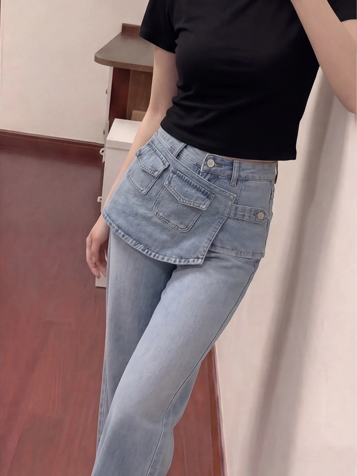 

American Style Blue Wide Leg Workwear Denim Pants Women's Summer High Waist Tummy Covering Slimming Long Trousers