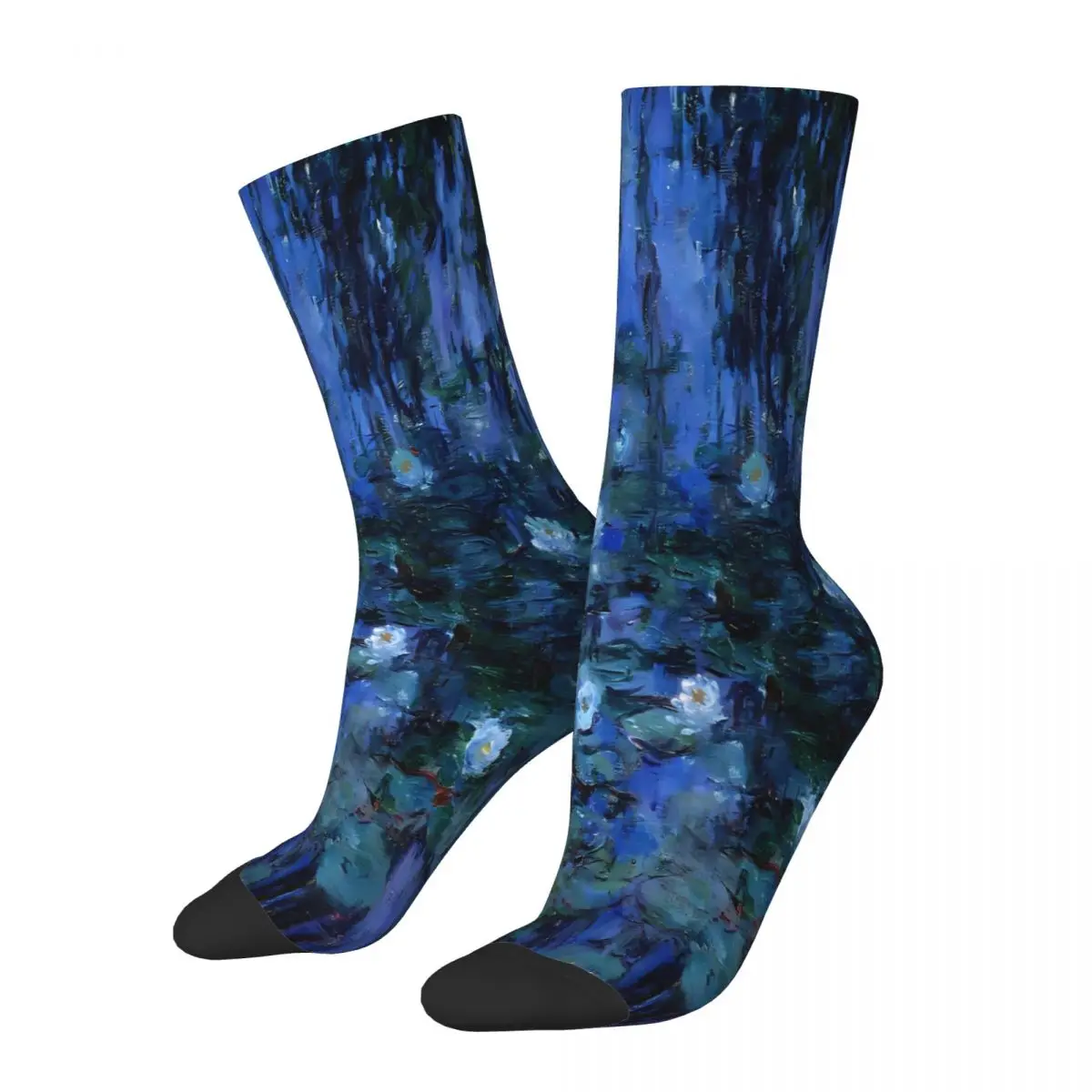 Night Blue Claude Monet Water Lilies Lotus Oil Painting Sock Printed Man Polyester