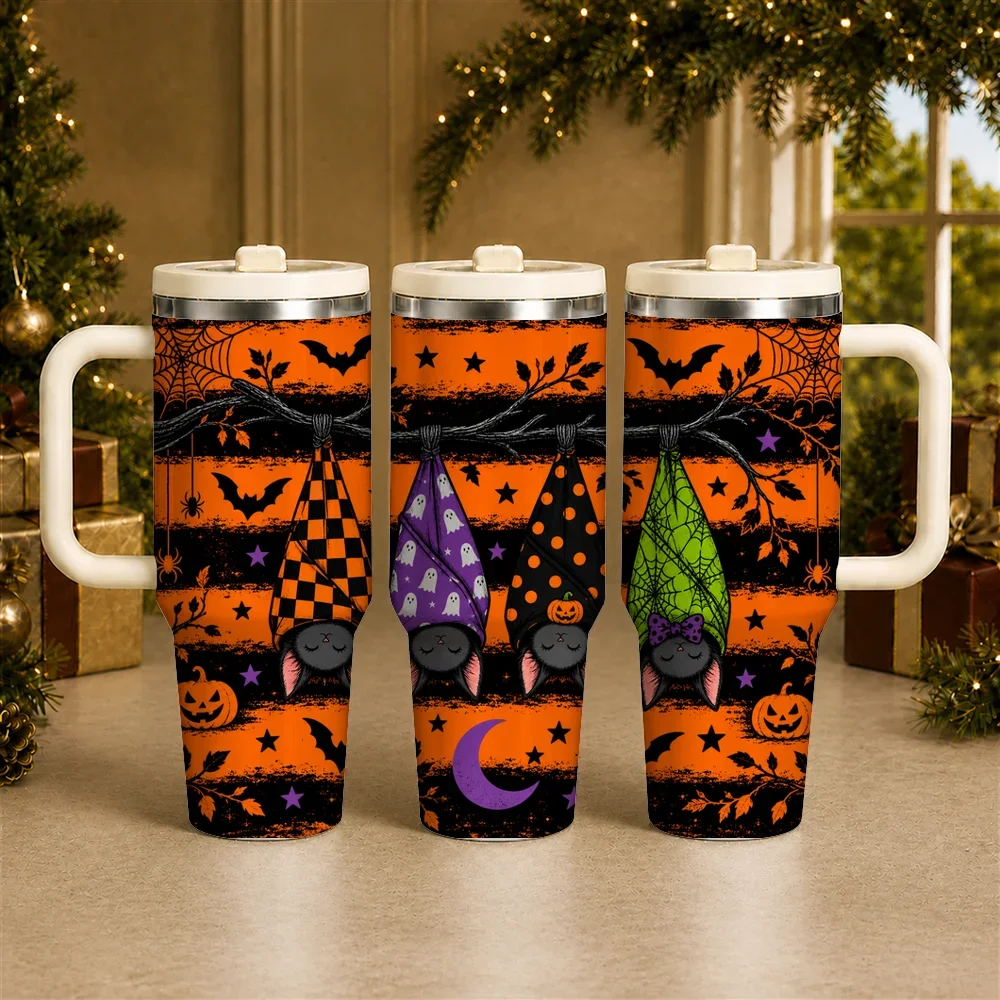 Witch Cat Halloween Vacuum Flasks 40oz Stainless Steel Insulated Tumbler with Handle & Straw Lid, Leakproof Travel Cup