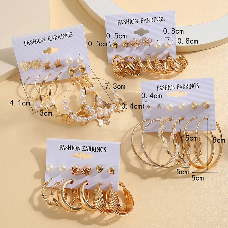 Vintage Pearl Earrings For Women Metal Gold Color Geometric Earrings Set Heart Butterfly Hoop Earrings 2023 Fashion Jewelry Gift