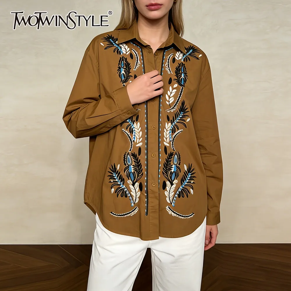 

TWOTWINSTYLE Solid Spliced Embroidery Shirt Female Lapel Long Sleeve Loose Gentle Intellectual Women's Shirts Autumn Fashion New