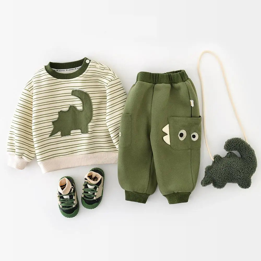 

2025 Winter New Baby Plus Velvet Thick Clothes Set Boys Fleece Dinosaur Sweatshirt + Pants 2pcs Suit Toddler Warm Casual Outfits