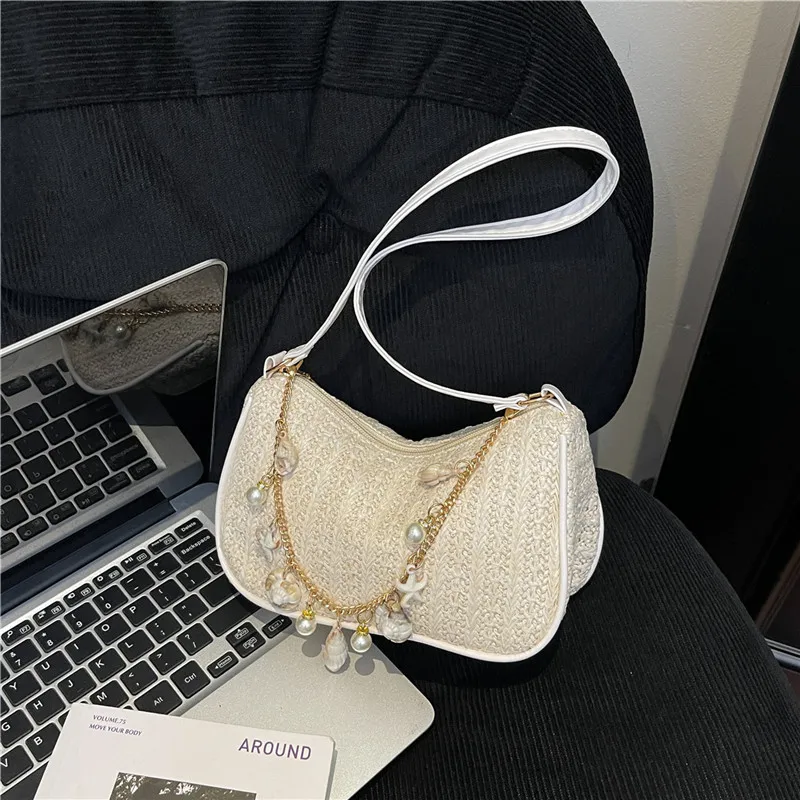 

2025 Fashionable Casual Commuter Straw Woven Foreign Style Shoulder Underarm Bag Pearl Chain Shoulder Bag