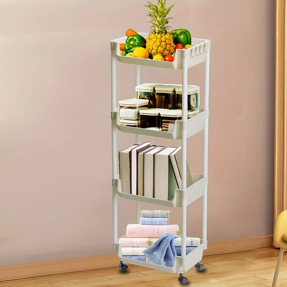 1Pc Rolling Plastic Storage Cart – White Utility Organizer with Wheels for Living Room, Bedroom & Dorm
