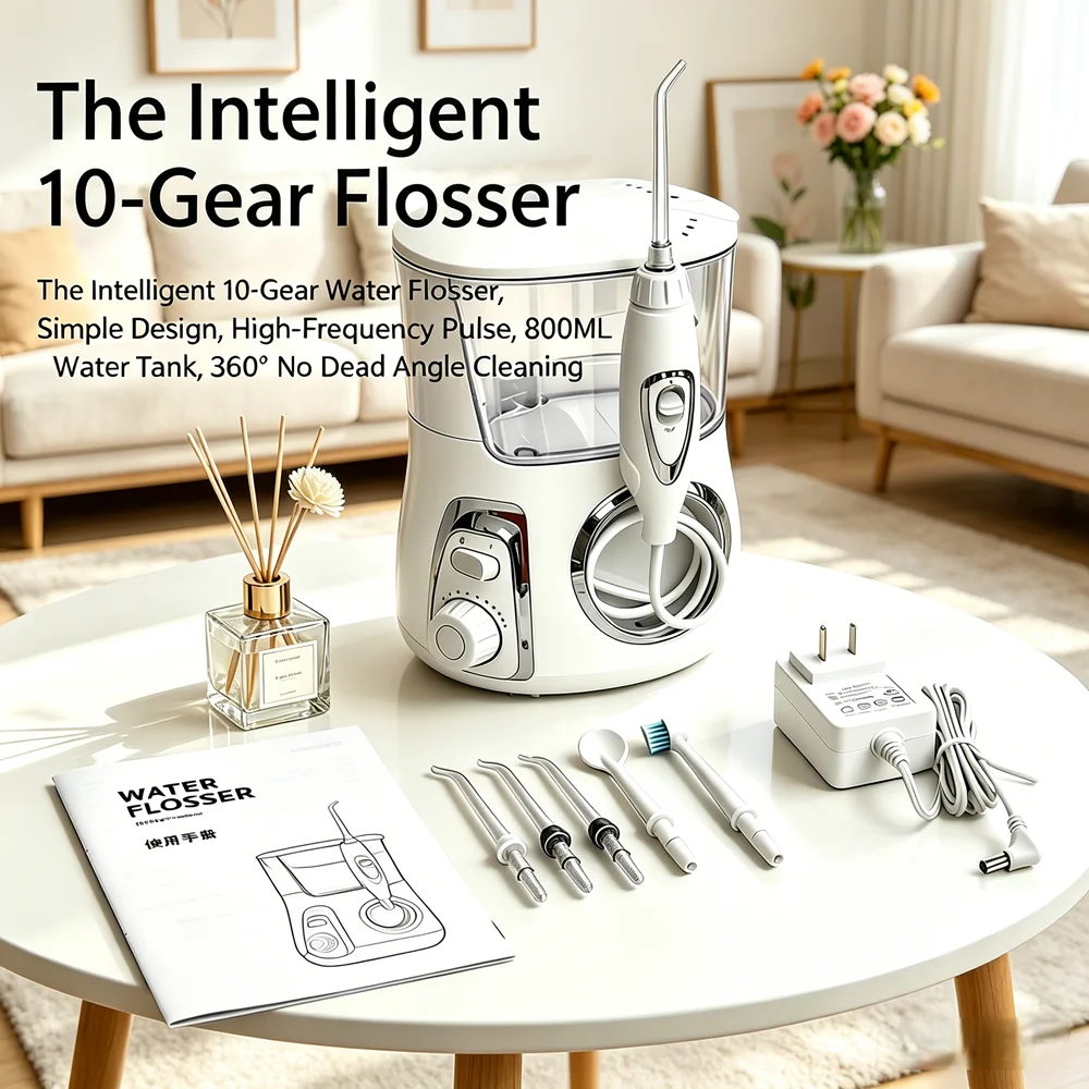 

High-End Countertop Dental Oral Irrigator Electric Water Flosser 5 Jet Tips 10 Modes 800ML Tank Anti-Cavity & Clean Teeth