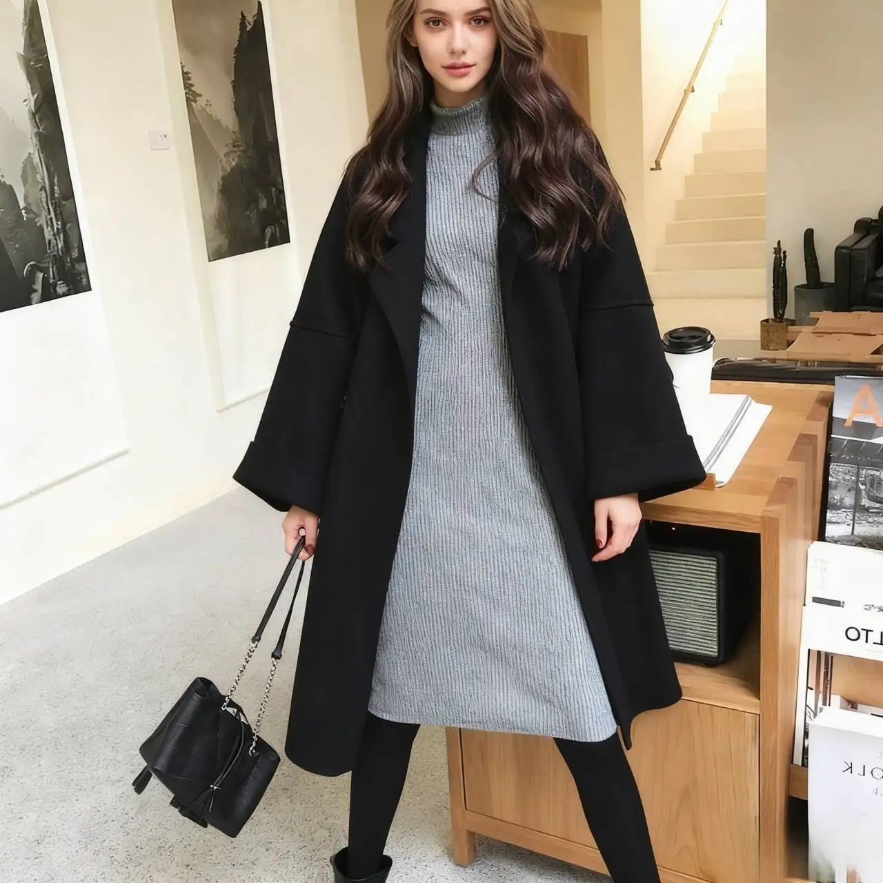 Abrigos de mezcla de lana para mujer, abrigo de lana hecho a mano, color Beige, con forro polar, rejilla desmontable, acanalado, hombros caídos, cintura ajustable, elegante