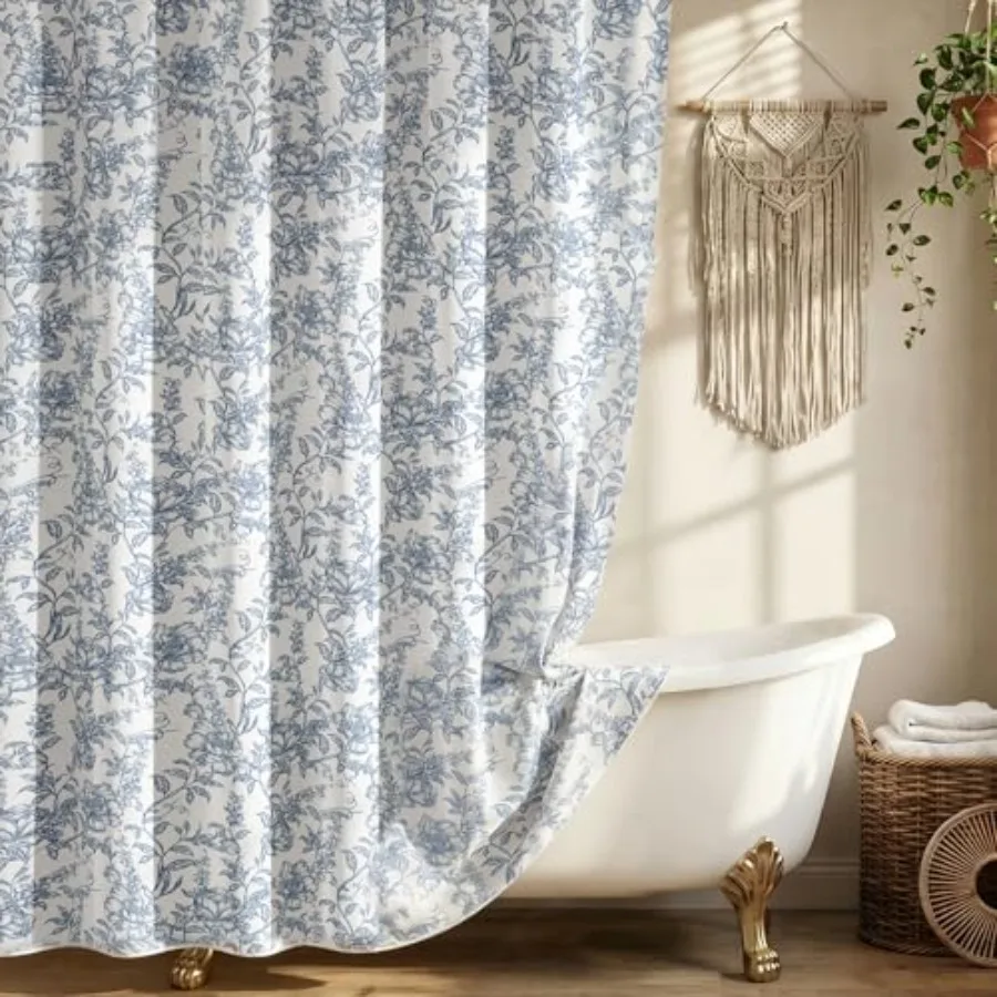 

Farmhouse Blue Floral Shower Curtain with 12 Clear Rings, White Fabric Shower Curtain Set, Vintage Cottagecore Shower Curtain f