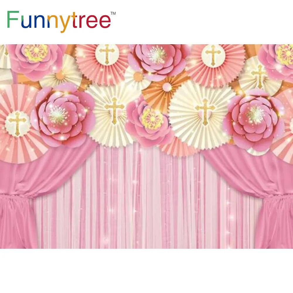 

Funnytree God Bless Baptism Party Background First Holy Communion Pink Floral Baby Shower Christening Rose Gold Girl Backdrop