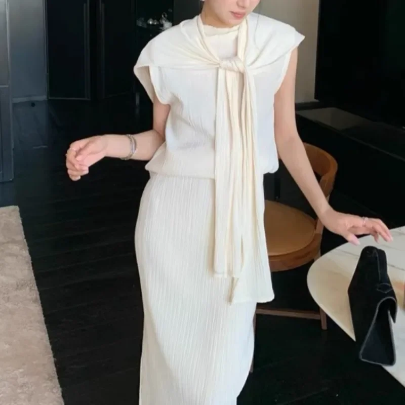 Summer Suit Pleated Sleeveless Vest Halter Long One Piece Wrap Skirt Womens Two Peice Sets Two Piece Sets Womens Outifits